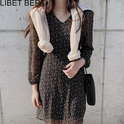 2021 New Spring Summer Women Dresses V-Neck High Waist Floral Lace Up Casual Korean Fashionable Chiffon Vintage Dresses DR3307