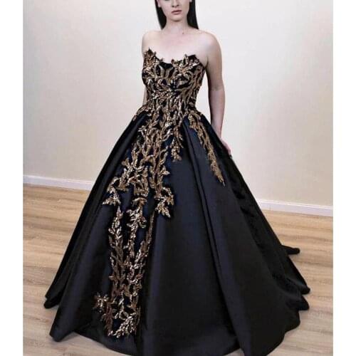 2021 Black Ball Gown Evening Dresses Long Satin Gold Appliques Strapless Formal Evening Party Dress Robe De Soiree