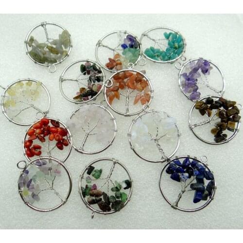 30mm Natural Stone Mix Lapis Quartz Crystal 7 Chakra Healing Reiki Tree of Life Pendant for DIY Jewelry Making Necklace 6PC