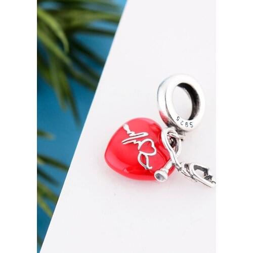 Fit Original Pandora Charm Bracelet Real 925 Silver Nurse Doctor Stethoscope Red Heartbeat Bead For Making Women Berloque 2021