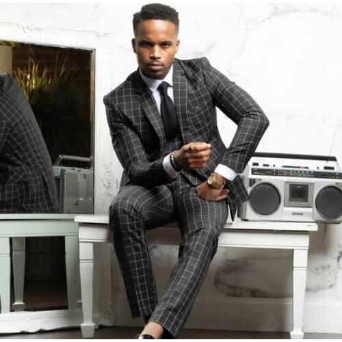 Black Check Mens Business Suits 3 Pieces Groom Best Man Pants Suit Formal Wedding Tailored Blazer Jacket (Jacket+Vest+Pants)