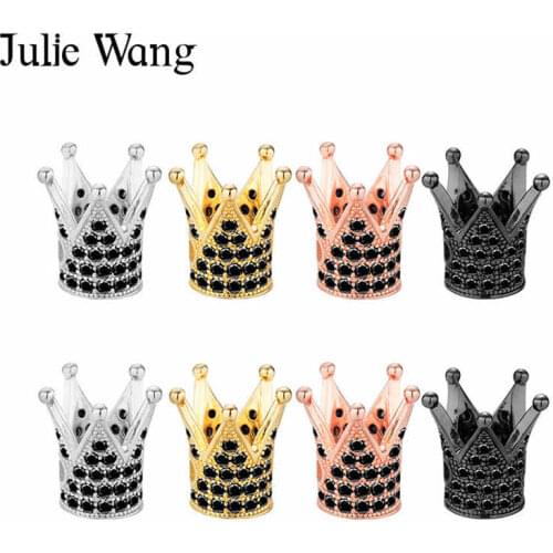 Julie Wang 3PCS Crown Beads DIY Copper Metal Micro Pave Black Cubic Zirconia Crown Spacer Beads For Bracelet Jewelry Making