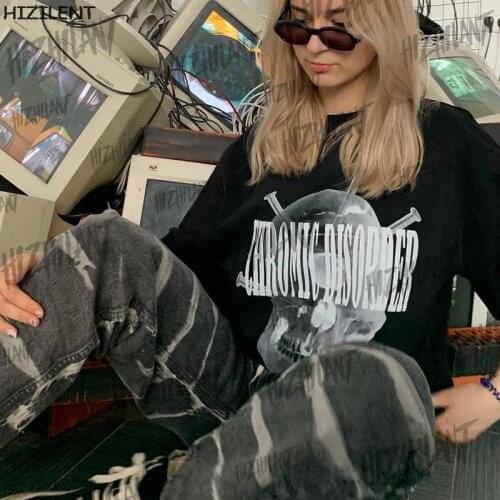 Womens t-shirts Skull print Black Oversized T-shirt Y2K Top harajuku vintage aesthetic gothic graphic punk Fairy Grunge clothes