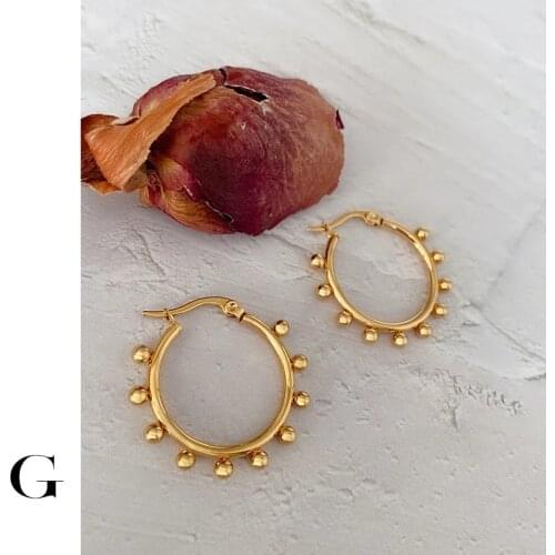 GHIDBK Summer Bohemian Tiny Beads Unique Design Stainless Steel 35mm Hoop Earrings Modern Cool Minimalist Street Style Jewelry