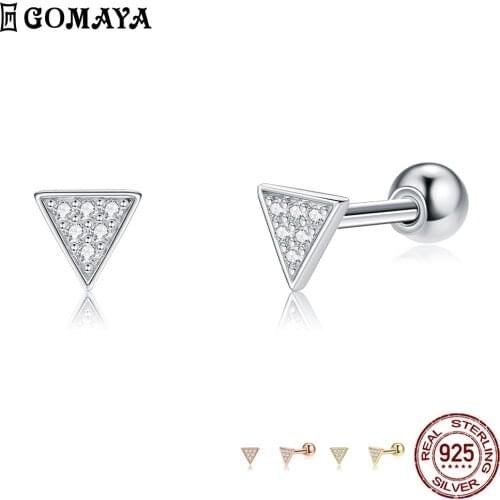GOMAYA Trilateral Shape Stud Earring For Women S925 Sterling Silver Simple Style Earrings 3 Color Choose Inlay Zirconia Jewelry