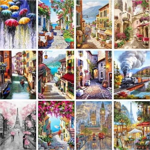 Huacan 5D Diamond Painting Full Square/round Drill Scenery City Diamond Embroidery Sale Town Handmade Wall Decor Mosaic Street