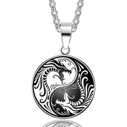 Classical Chinese Style Silver Color Yin Yang Double Dragon Metal Pendant Necklace Mens Classic Cool Amulet Jewelry