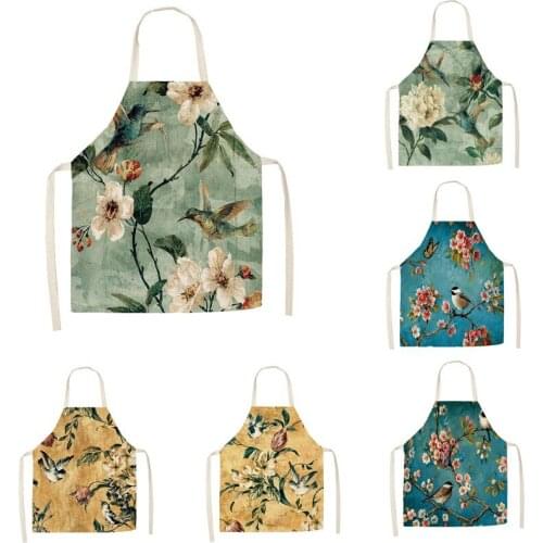 1Pcs Kitchen Apron Vintage Flower Birds Printed Sleeveless Cotton Linen Aprons for Men Women Home Cleaning Tools 55*68cm