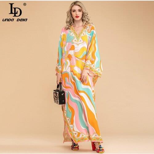 LD LINDA DELLA Summer Fashion Bohemian Loose Maxi Dress Women V neck Batwing Sleeve Printed Chiffon Long Dresses 5XL Plus Size