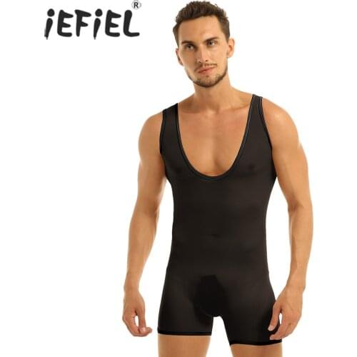 Mens Sexy Bodysuit Stretch Mesh See Through Sheer Lingerie Scoop Neck Jockstrap Leotard Jumpsuits Gay Male Underwear Catsuit