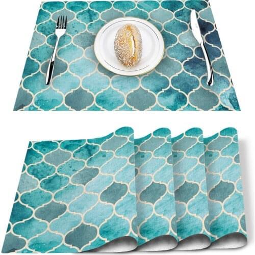 4/6pcs Set Table Mats Moroccan Green Geometric Printed Table Napkin Kitchen Accessories Home Party Decorative Placemats