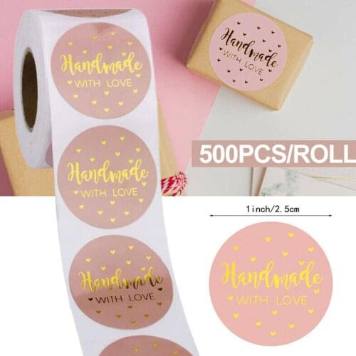500x Hand Made With Love Stickers Handmade Homemade Labels Heart Round