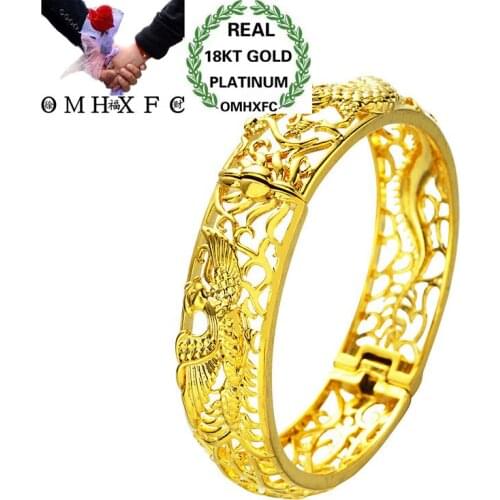 OMHXFC Wholesale European Fashion Woman Girl Party Wedding Gift Vintage Hollow Dragon Phoenix 18KT Gold Bangles Bracelets BE44