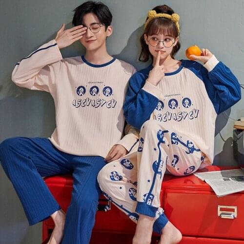 Cute Cartoon Anime Doraemon Couple Winter Pajamas Set Cotton Homewear Oversized Blue O-neck Long Sleeve Warm Men Women Pajamas