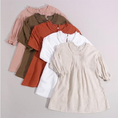 2021 2-7Y Kids Baby Girls Princess Dress Ruffle Lace Solid Color Pleated Long Sleeve A-line Dress Spirng Autumn Sundress