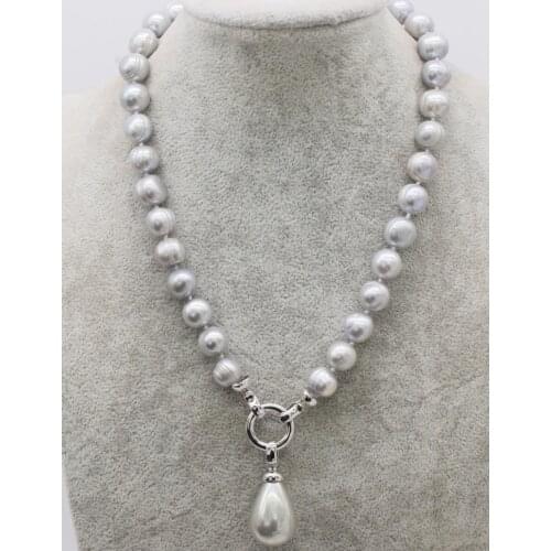 Freshwater pearl gray near round 11-12mm shell drop necklace 18inch FPPJ wholesale beads nature