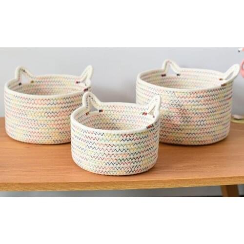 Cotton Rope Hand Woven Storage Basket Desktop Organizer Kids Toys Sundries Storage Box Lovely Cat Ear Handles Laundry Baskets