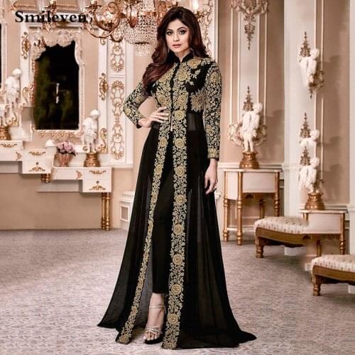 Smileven Chiffon Blace Moroccan caftan Evening Dresse Long Sleevees Gold Lace Muslim Special Occasion High Neck Party Gowns