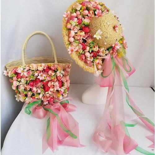 Fashion Straw Bags Rattan Weave Women Handbags Designer Luxury Handmade Flower Ribbon Summer Beach Totes with Sun Hat 2021 New