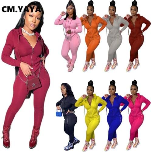 CM.YAYA Sportwear Solid Womens Set Zipper Hoodies Tops Jogger Pants Set Tracksuit Fitness Active Outfit Two Piece Matching Set