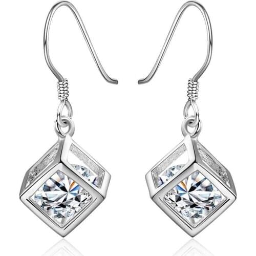 Wedding gift silver color earrings for women lady square elegant hining zircon crystal earrings jewelry free shipping e583