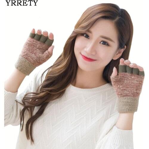 TRRETY Autumn and winter womens thicken warm knitted gloves female winter contrast color flip glove fingerless driving gloves