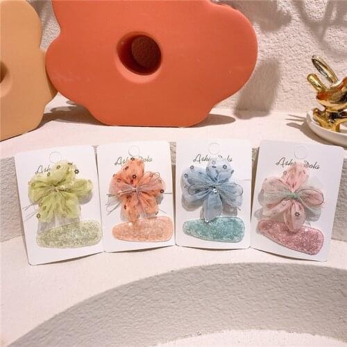 2 Pcs Korea Sweet Girl Princess Beautiful Cute Mesh Bow Flower Hairpin Fashion Childrens Sequins Water Drop BB Clip Headwear