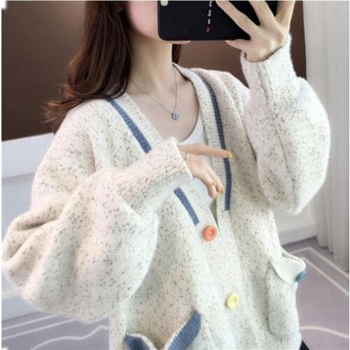 Spring New Lazy Imitation Mink Velvet Thick Sweater Women Autumn Loose V-Neck Knit Cardigan Jacket Splicing Female Outwear
