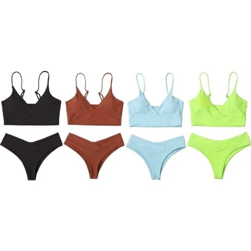 Women Sexy 2pcs Bikini Set V-Neck Push Up Swimsuit High Waist Solid Bathing Suit L43E
