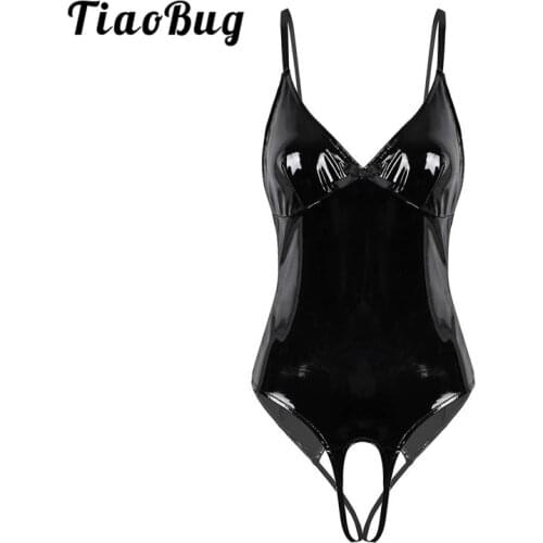 Women Lingerie Bodysuit Open Crotch Sexy Costume Wetlook Black Patent Leather Erotic Body Suit Crotchless Sissy Catsuit Clubwear