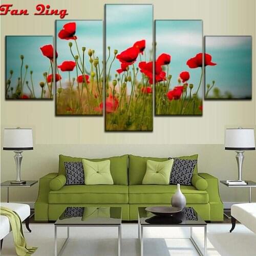 5D Diamond Painting Red Flowers Poppies Flower DIY Diamond Embroidery Cross Stitch Mosaic Art Wall Pictures Home Decor 5pcs