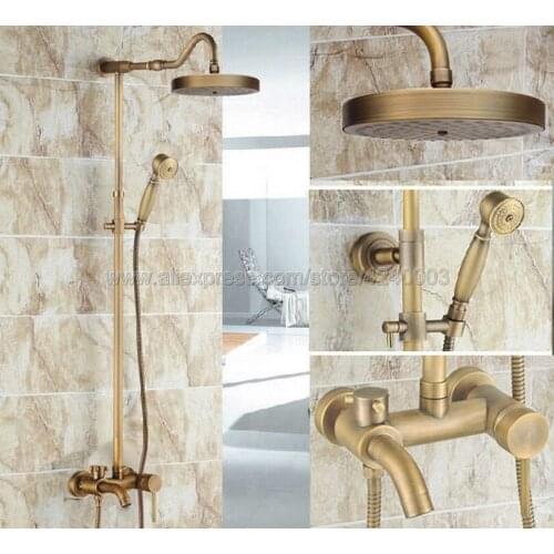 Antique Brass Bathroom Shower Faucet Bath Faucet Mixer Tap With Hand Shower Head Set Wall Mounted Krs227