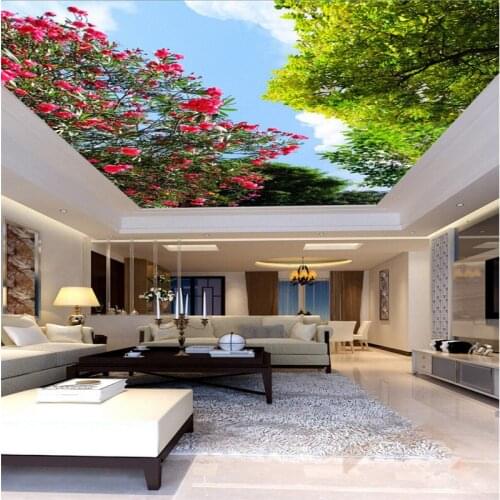 Beibehang Large Custom Wallpaper Blue Sky White Cloud Flower Tree Green Tree Living Room Bedroom Ceiling Zenith Mural