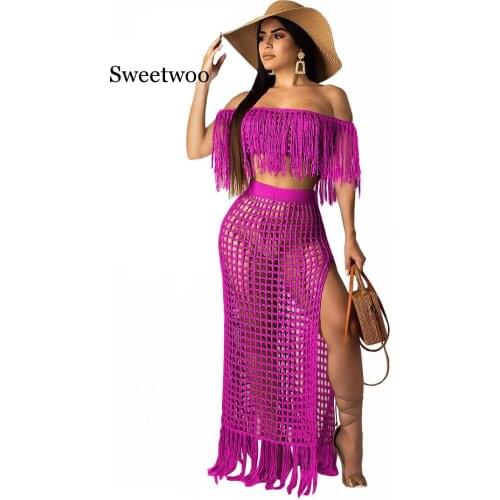 Trousers lengthPlus Size Summer Two Piece Set Crop Top And Skirt Women 2 Piece Set Tassel Beach Matching Sets Outfits