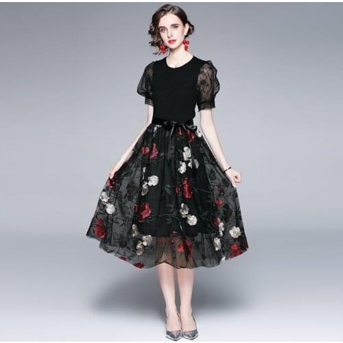 Elegant Fashion Mesh Flower Embroidery Dresses For Women New 2021 Autumn Puff Sleeve Knitted Patchwork Casual Slim Midi Dress