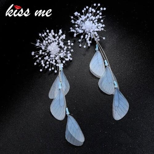 Kissme Blue Pink Wings Long Earrings Imitation Pearl Beads Dangle Earrings Bohemian Jewelry 2018