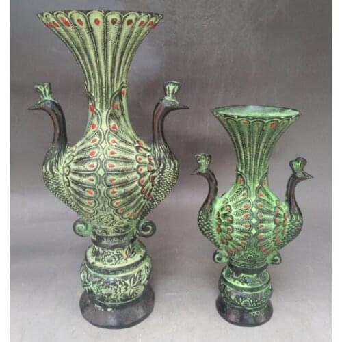 China bronze double peacock vase crafts statue