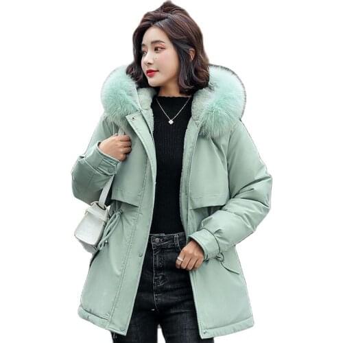 Korean Women Parkas Fashion A version Winter 2021 Womens Coats New Product Plus Fleece Liner Big Fur Collar Waist Short Coat