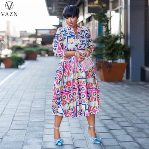 VAZN 2021 Summer Floral Sweet Boho Style Pleated Maxi Dress Women Elegant Fashion Dress Slim Dress Club Birthday Shinny Dress