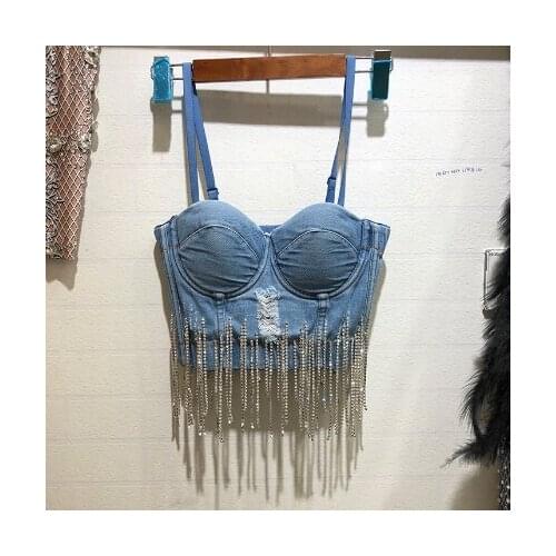 Fashion Diamond Tassel Strapless Bra Denim Vest Shirt Women Sexy Nightclub Dance Cowboy Camisole Jeans Cropped Top Ropa Mujer