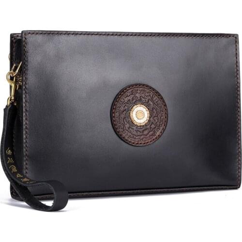 Handmade Men Vegetable Tanned Leather Black Bag Money Holder Clutch Purse Cigarette Pocket Man Eight Diagrams Clutches