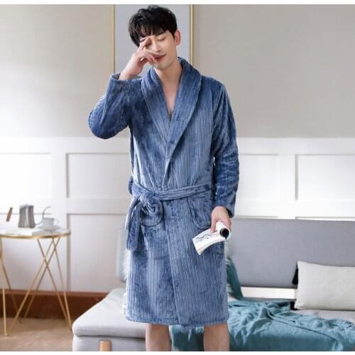 Men Casual Kimono Bathrobe Autumn Winter Flannel Long Robe Thicken Warm Sleepwear Free Size Nightgown Male Casual Home Wear Robe