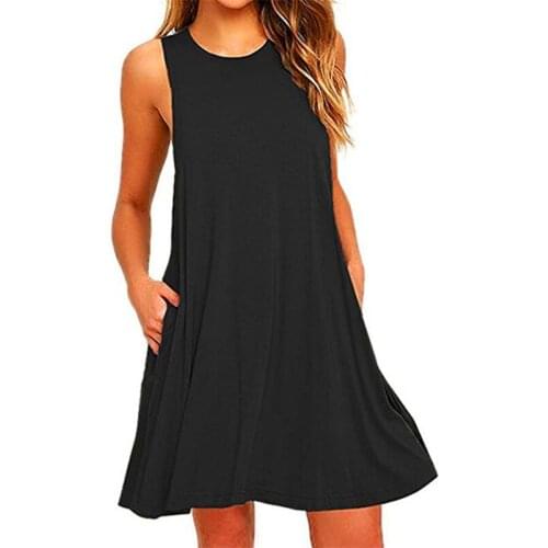 New Sexy Sleeveless Summer Women Dress Solid Pocket Black Casual A Line Beach Women Mini Dresses Female Vestidos Plus Size