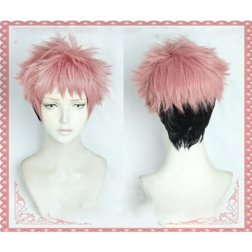 Anime Jujutsu Kaisen Yuji Itadori Cosplay Wig Jujutsu Kaisen Yuji Itadori Pink Black Short Heat Resistant Hair Wigs + Wig cap