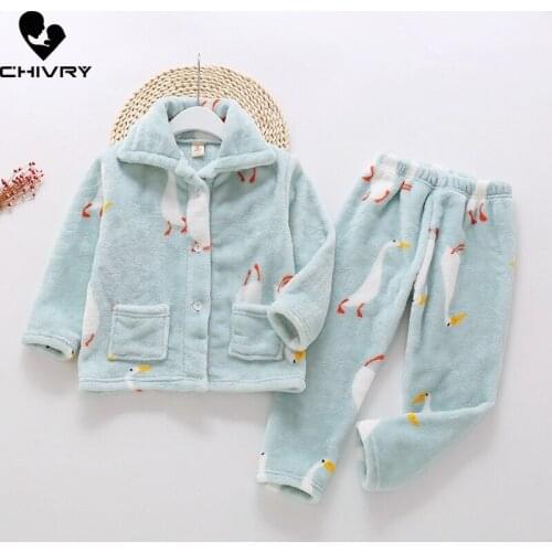 Autumn Winter Kids Boys Girls Warm Flannel Pajama Sets Cartoon Long Sleeve Lapel Tops with Pants Home Wear Sleeping Clothing Set