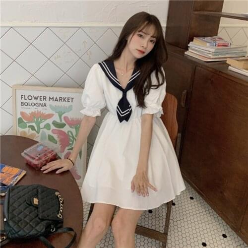 Japanese Sailor Dress Women Summer College Style Navy Collar White Jk Uniform A-Line Dresses Sweet Girly One-Piece Casual Dress