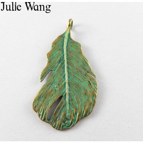 Julie Wang 10pcs Antiqued Green Bronze Leaves Charm Retro Tone Alloy Plated Pendants Jewelry Making Bracelet Accessories