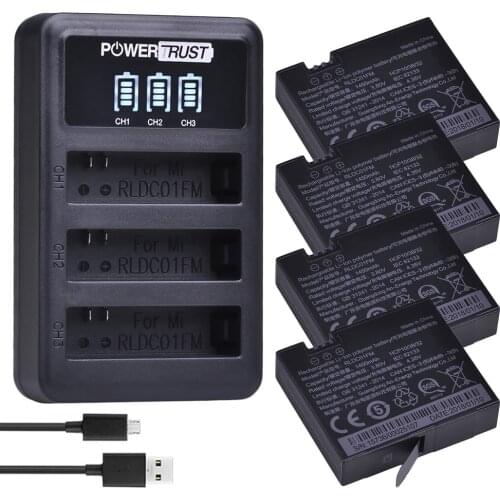 PowerTrust 4Pc 3.80V Original Mijia Li-ion Battery + LED 3-slots USB Charger for Xiaomi Mijia Mini Action Sports Camera Battery