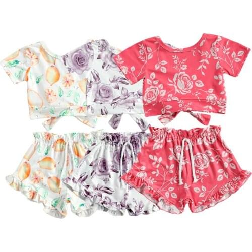Pudcoco 1-5Y 2Pcs Print Summer Baby Girls Bowknot Flowers Short Sleeve Casual Lace-Up T-Shirt Top+Short Pants Outfit Sets