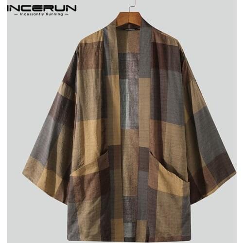 Vintage Plaid Men Shirt Long Sleeve Kimono Open Stitch Outerwear Loose Pockets 2021 Streetwear Cardigan Long Shirts Men INCERUN